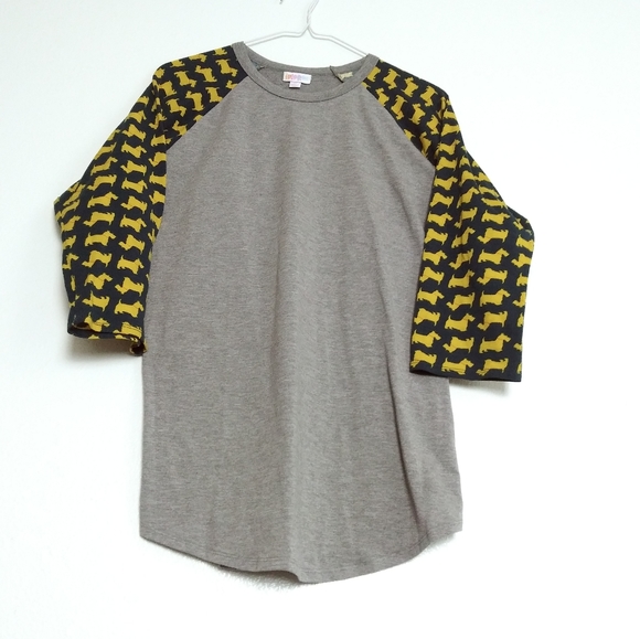 LulaRoe Randy Baseball T Shirt Women's Size M Grey Yellow Print - Picture 2 of 7